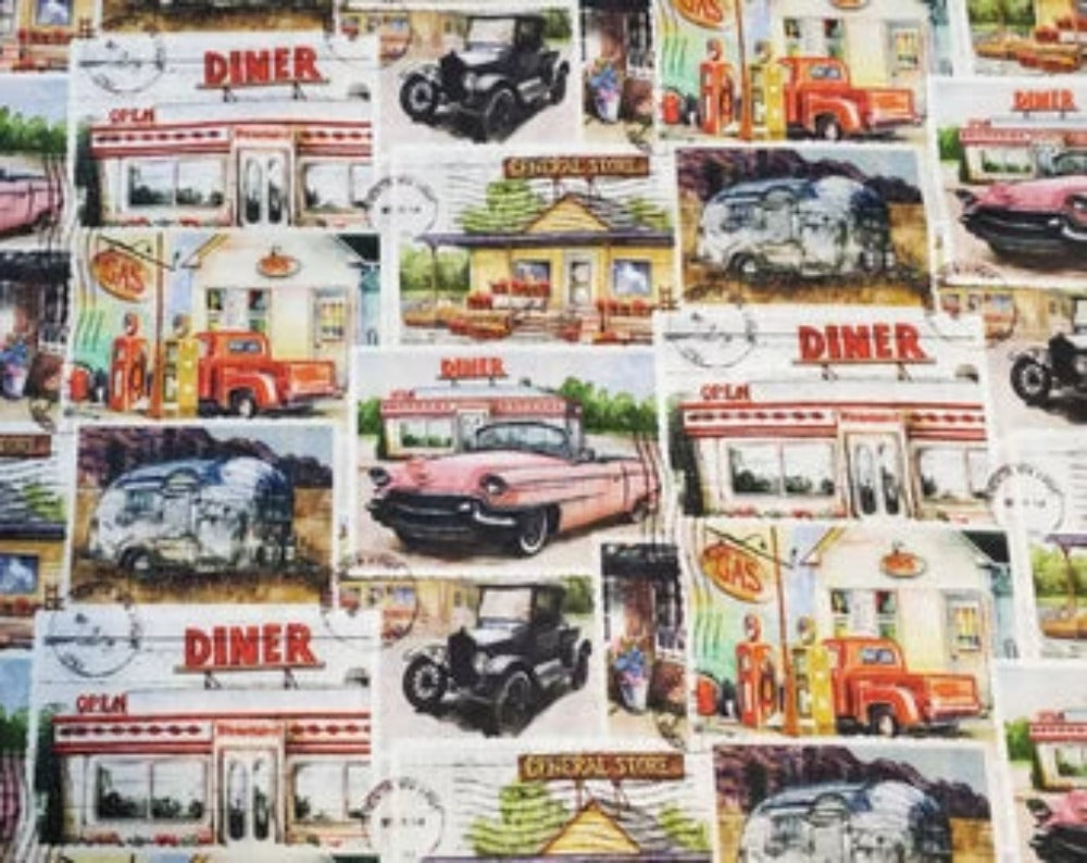 Vintage Cars & Diner Cotton Fabric