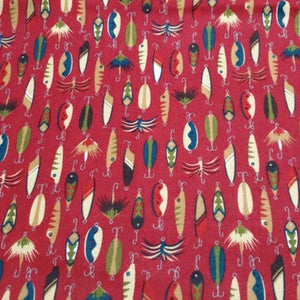 Fishing Hooks Red Flannel Fabric