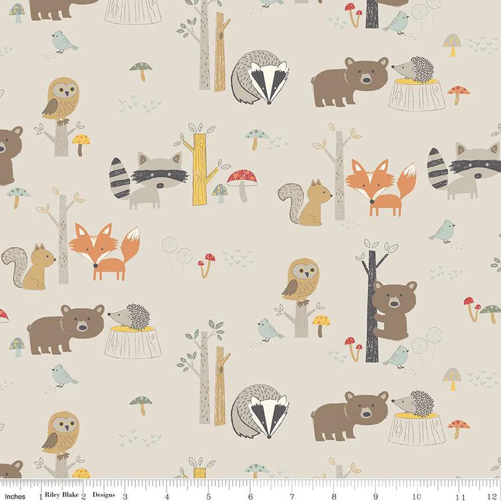 Woodland Animals Ash Flannel Fabric