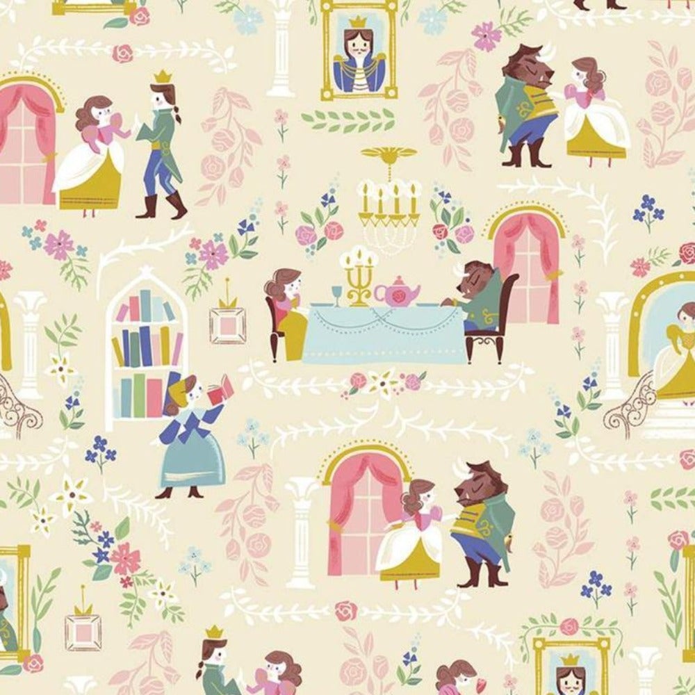 Beauty and the Beast White Cotton Fabric