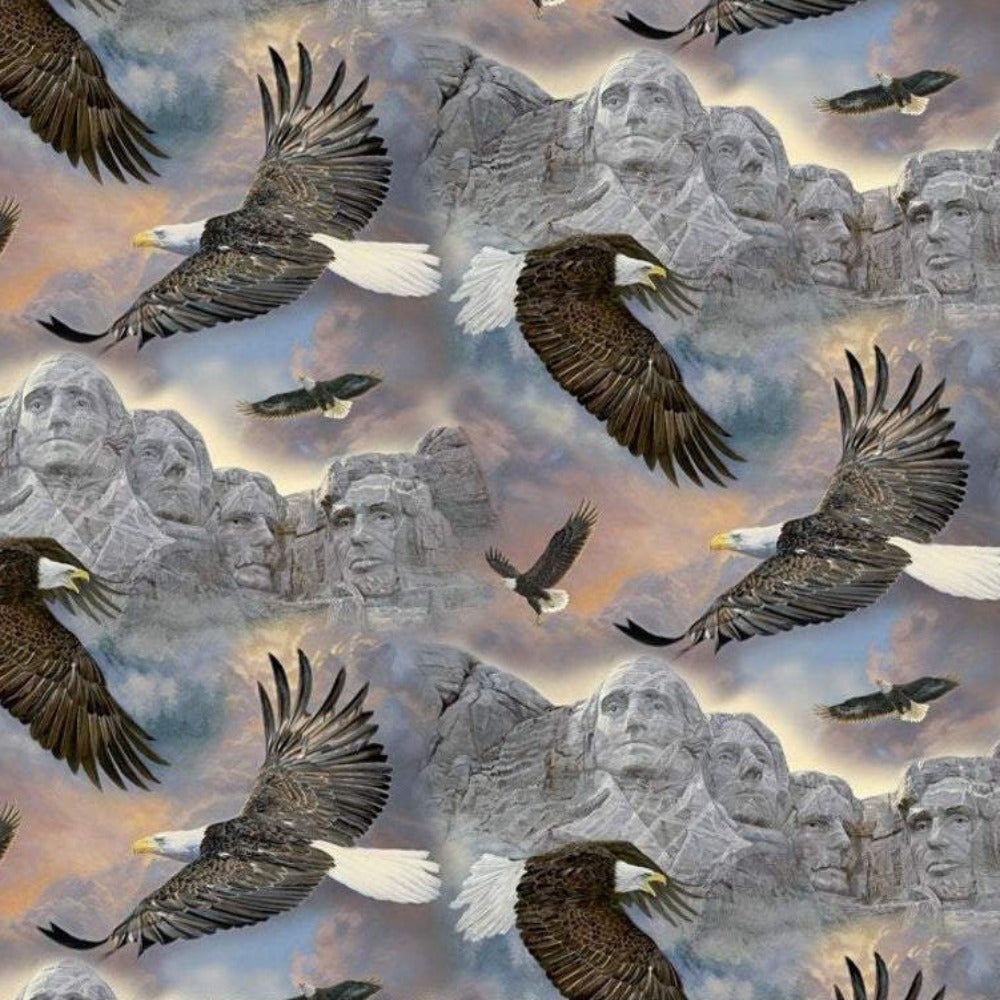 Eagles Soaring Over Mt Rushmore Cotton Fabric