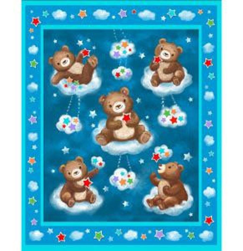 Starry Night Teddy Bear Cotton Panel Fabric