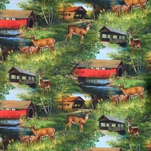 Load image into Gallery viewer, Handmade Valance or Curtain Panel Deer Covered Bridge Scenic
