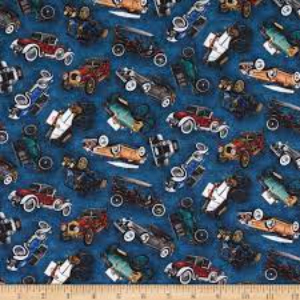 Kaufman On The Road Tossed Cars Indigo, Quilting Fabric