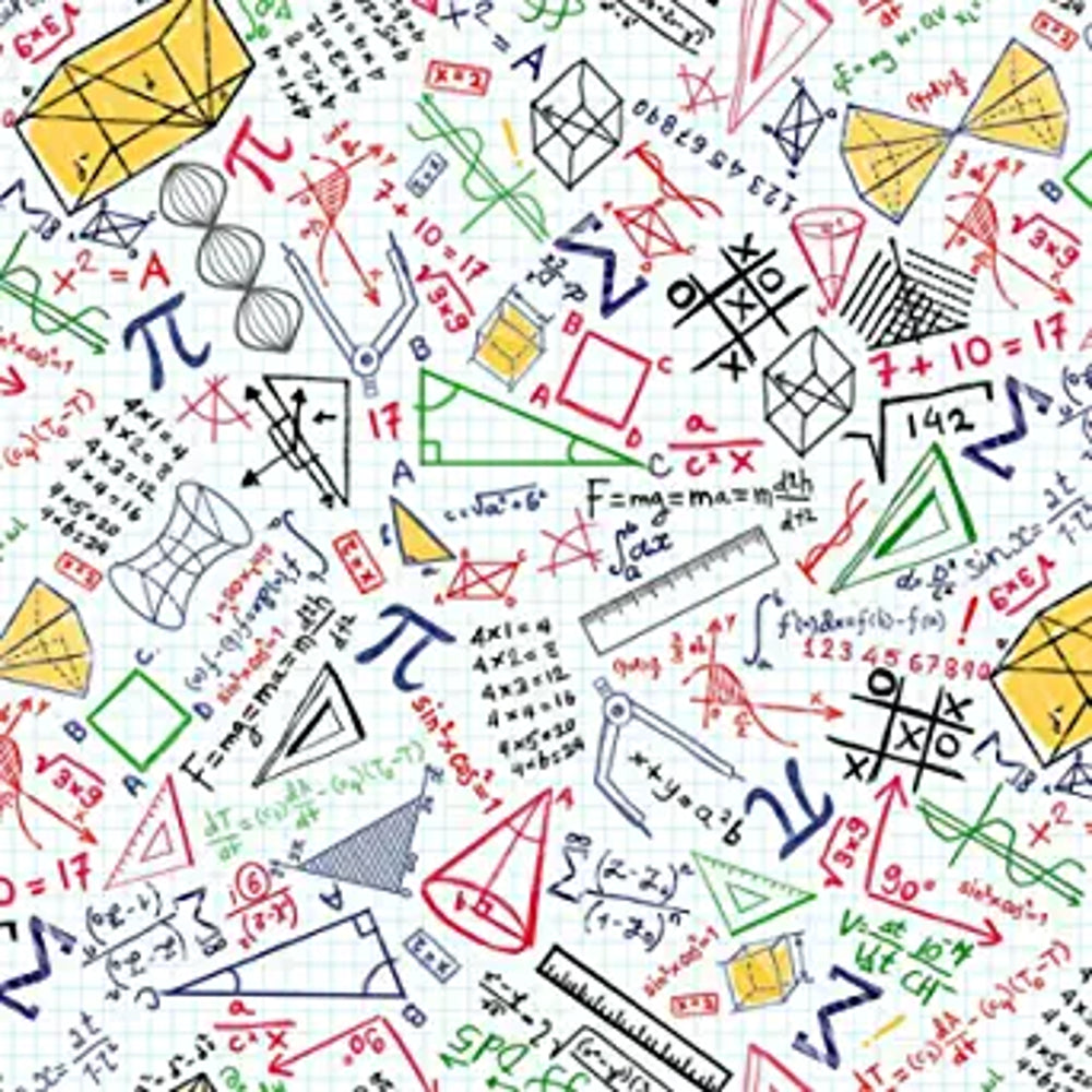 Colorful Math Doodles On Grid White Cotton Fabric