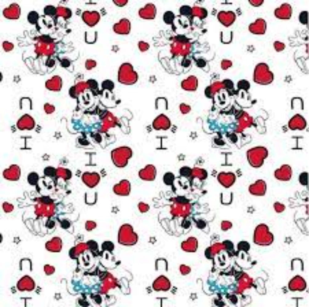 Disney Mickey and Minnie Mouse Vintage I Love You White Cotton Fabric
