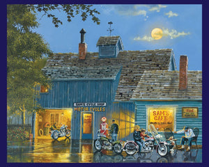 Motorcycle Sam's Place Panel Cotton Fabric