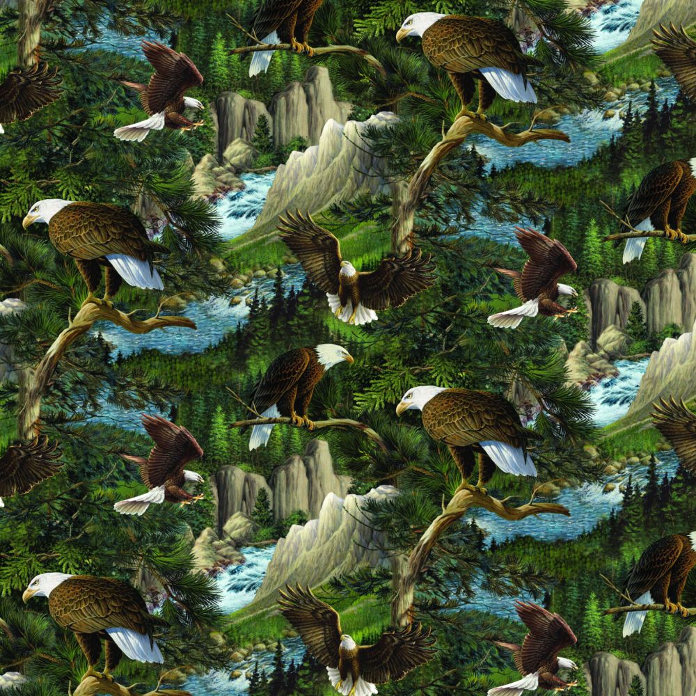 Eagles Flying High Packed in Trees Cotton Fabric