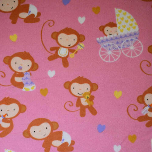 Baby Animals Monkeys Pink Flannel Fabric